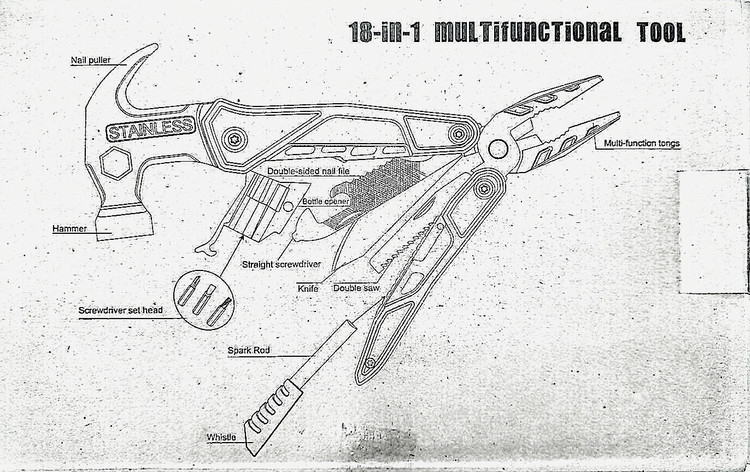 چکش چندکاره ۱۸ کاره کمپینگ و بقا مدل Multifunctional Tool مجهز به چخماق و سوت نجات